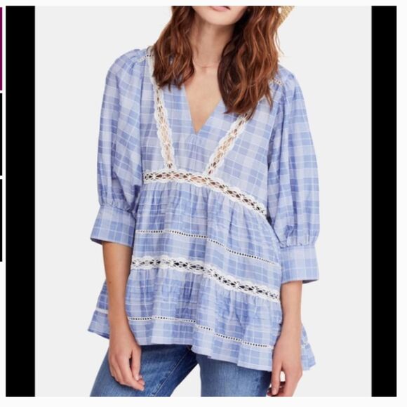 Free-people Women's Blue and White Blouse - Picture 1 of 8